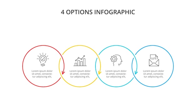 프레젠테이션용 얇은 선 인포그래픽의 4개의 원은 4가지 옵션이 있는 비즈니스 개념을 슬라이드합니다.