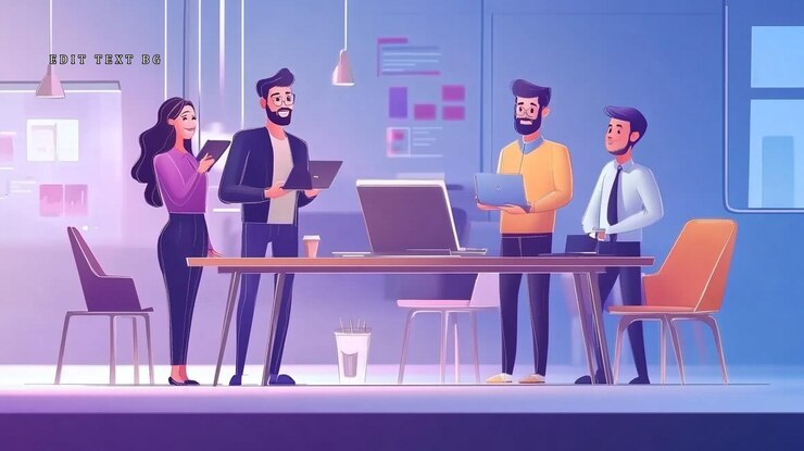 PSD четыре коллеги работают над проектом в современном офисе с помощью ноутбуков и планшетов
