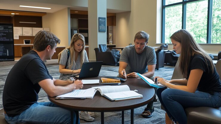PSD four college students collaborate on a project studying together around a round table in a modern buildings common area