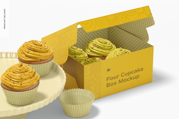 PSD mockup di scatola di quattro cupcakes