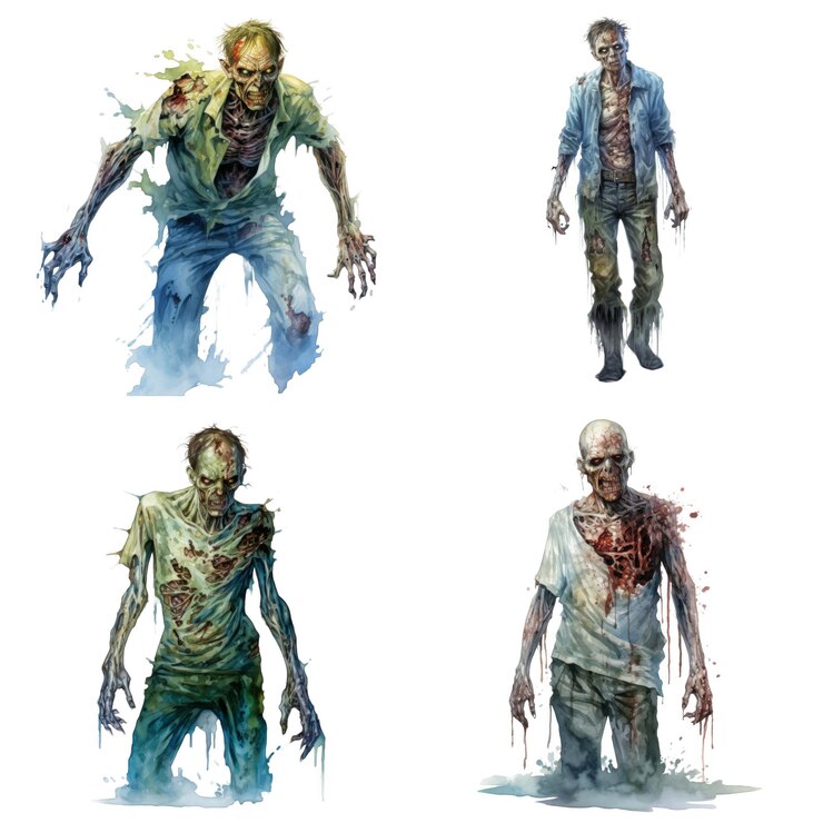 PSD four decaying zombies in watercolor style