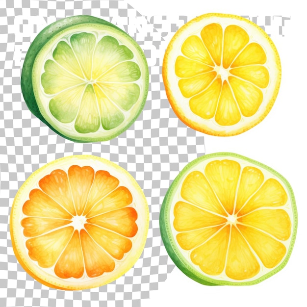 PSD four different types of citrus slices on a transparent