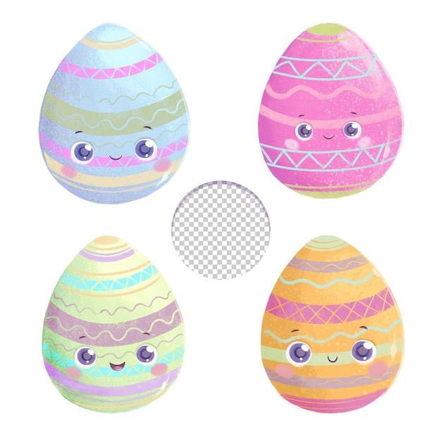 PSD quattro uova di pasqua con una faccia e un sorriso sul fondo.