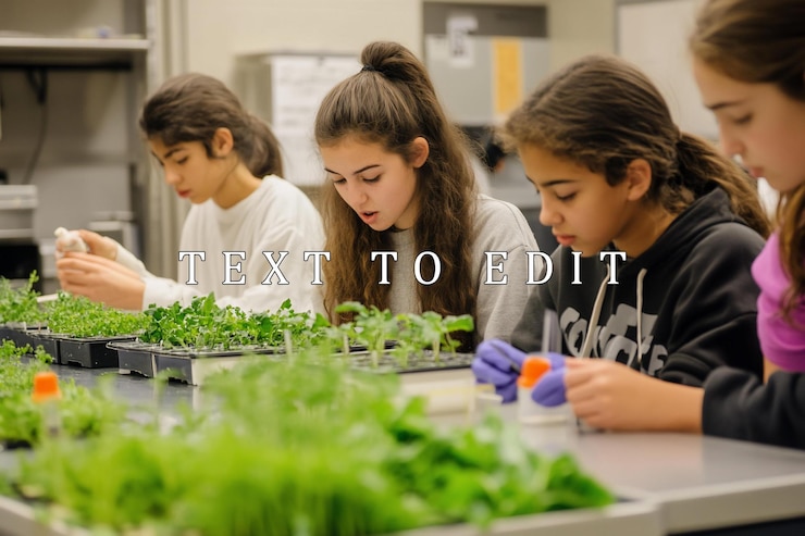PSD four female students conduct a botany experiment in a lab setting carefully examining and tending to young plants