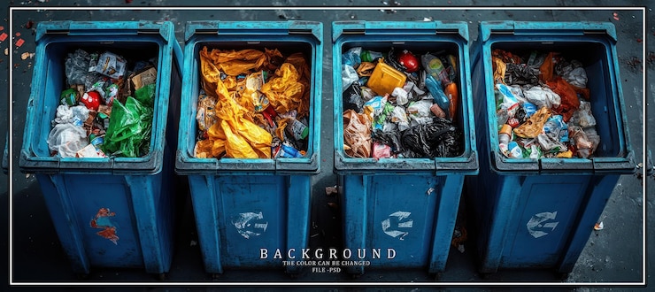PSD four full blue recycling bins with mixed waste