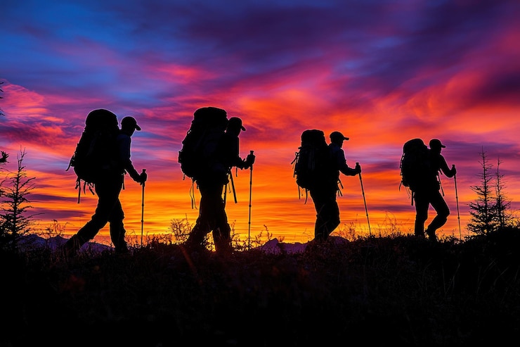PSD four hikers silhouetted against a fiery sunset carrying backpacks and trekking poles