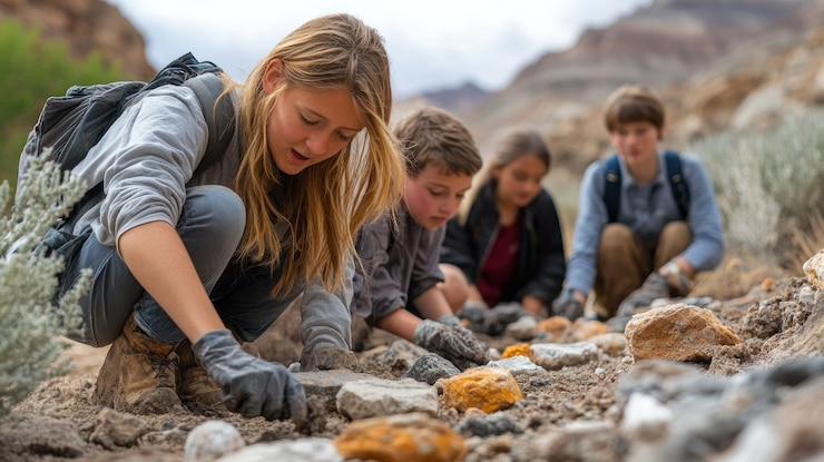 PSD four kids wearing gloves are picking up rocks in a desert environment