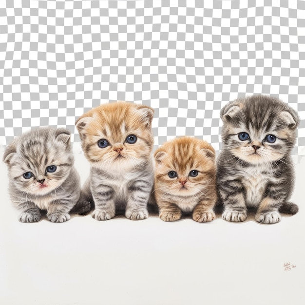 PSD 4匹の子猫が一列に並んでおりそのうちの1匹は前面に小さな子猫がいる