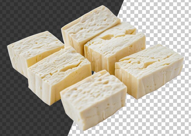 PSD four pieces of white cheese with black specks stock png