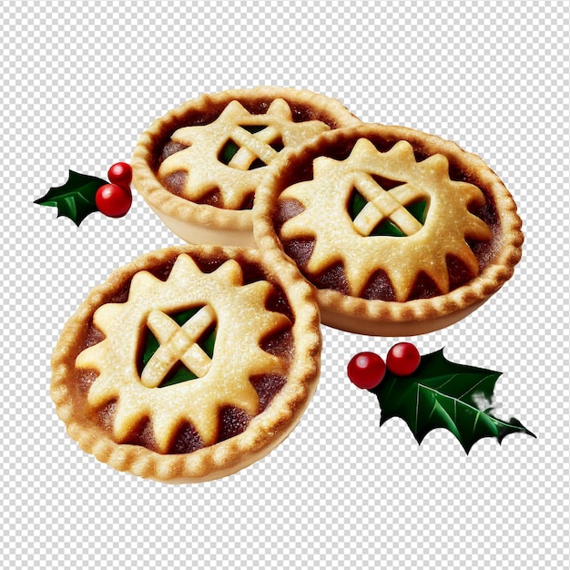 Four pies with a holly leaf and holly on the top