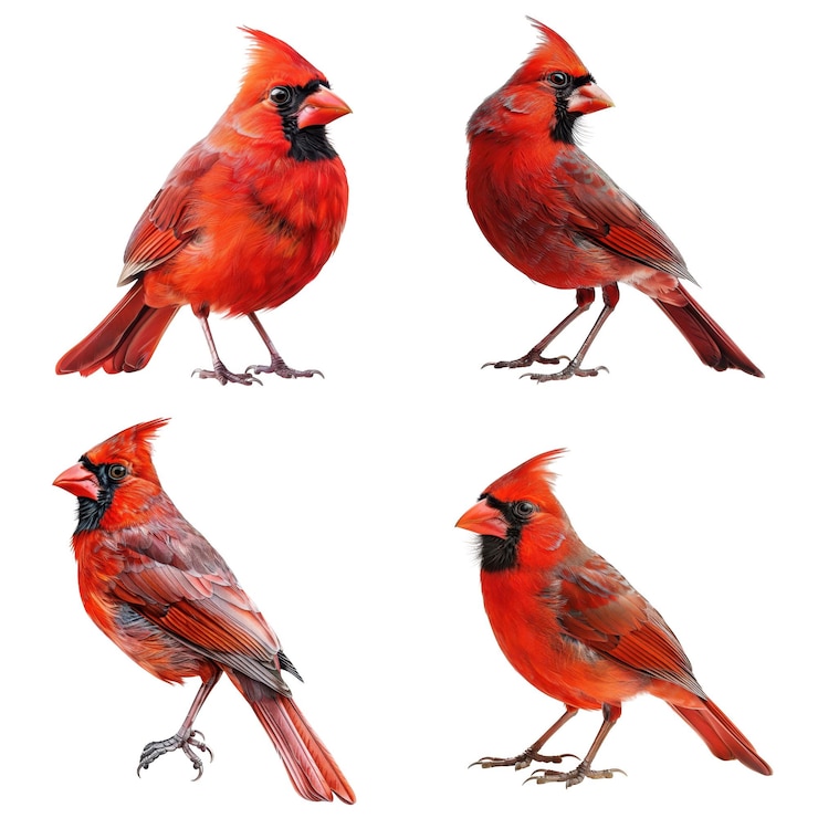 PSD four red cardinals in various poses against a white background