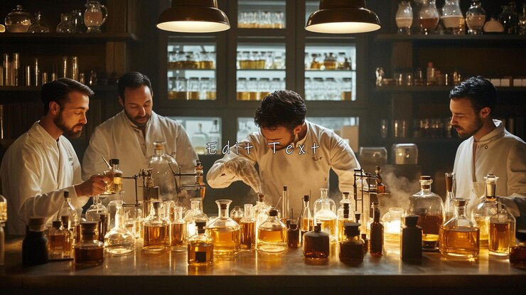 PSD four scientists in a laboratory conduct experiments with beakers and flasks