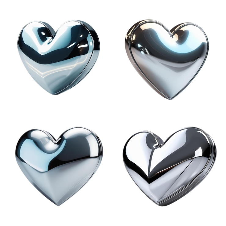 PSD four shiny silver hearts