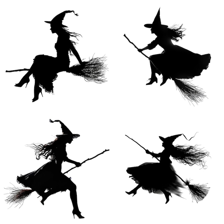 PSD four silhouettes of witches flying on broomsticks