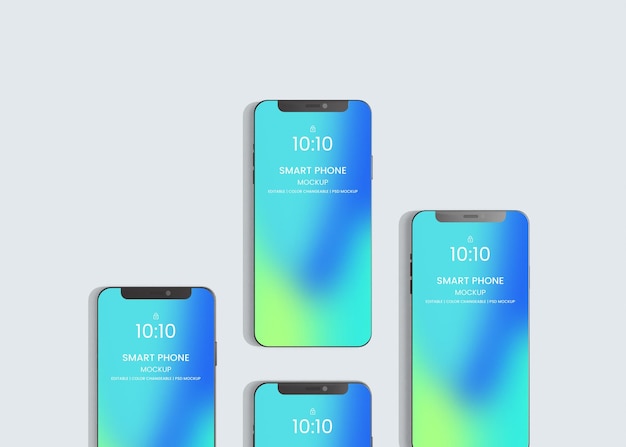 PSD four smart phones are displayed on a white background.