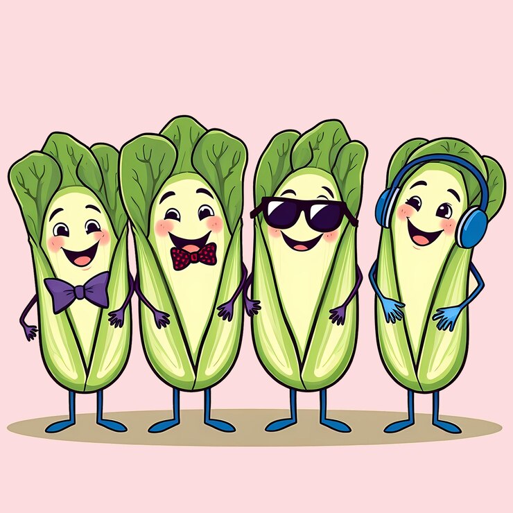 PSD four smiling bok choy cartoon characters