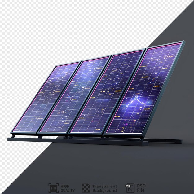 four solar panels with glowing lines and abstract data patterns isolated on transparent background