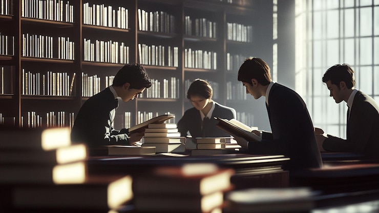 PSD 四名學生在一個由高高的書架包圍的大型圖書館里勤奮地研究書籍