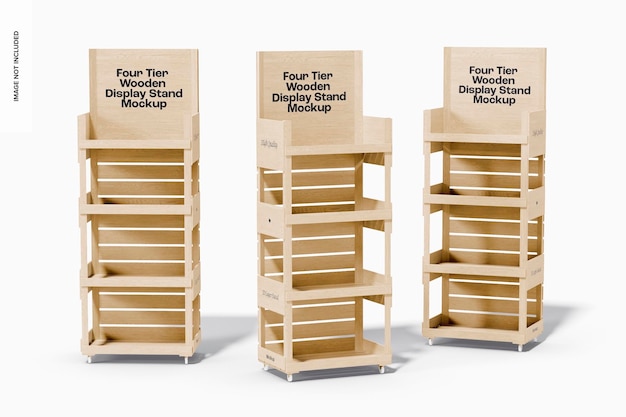 PSD four tier wooden display stands mockup