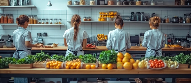 PSD four women in a kitchen prepare food behind a counter filled with fresh produce