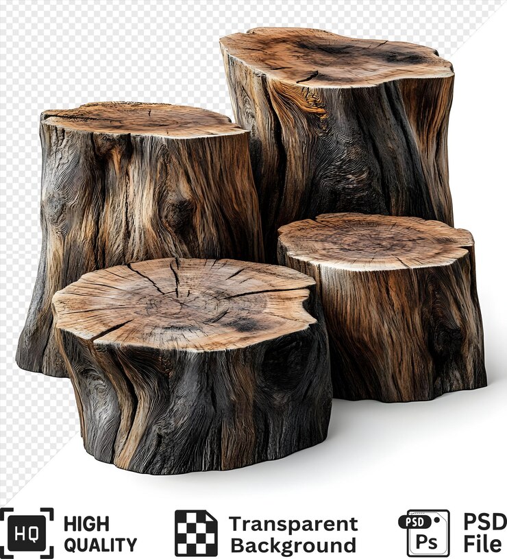 PSD four wooden tree stumps arranged in a set isolated on transparent background