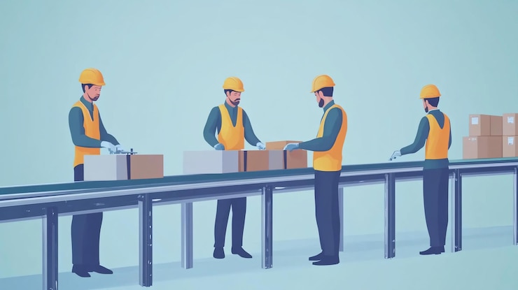 PSD four workers in hard hats package boxes on a conveyor belt in a warehouse