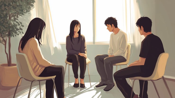 PSD テラピーセッション中に4人の若者が円に座って近くの窓から太陽の光が流れます