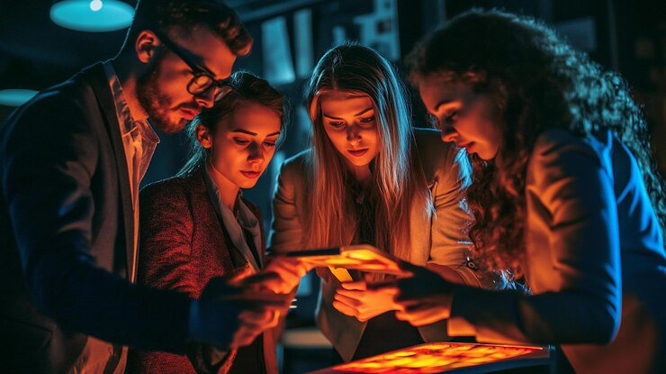PSD four young colleagues collaborating on a project illuminated by a glowing screen at night