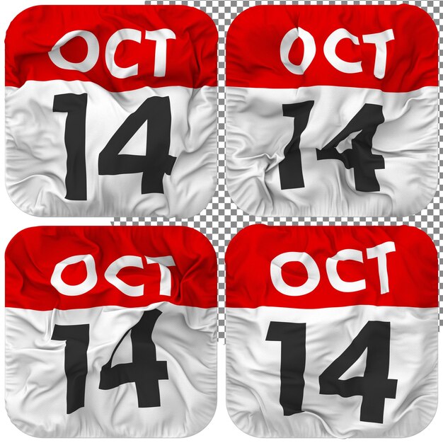 Fourteenth 14th October Date Calendar Icon Isolated Four Waving Style Bump Texture 3D Rendering