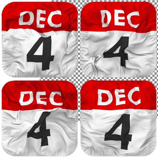 PSD fourth 4th december date calendar icon isolated four waving style bump texture 3d rendering