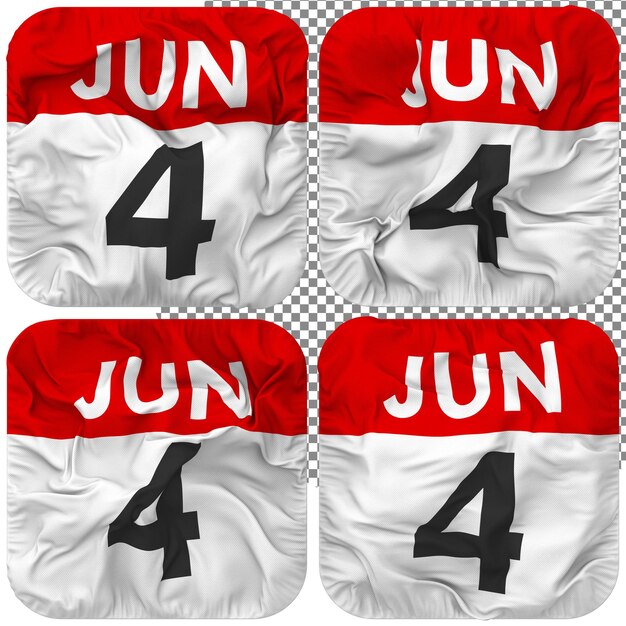 PSD fourth 4th june date calendar icon isolated four waving style bump texture 3d rendering