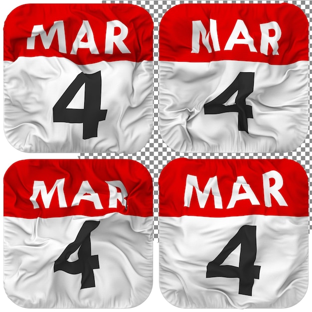 PSD 네 번째 3월 4일 날짜 달력 아이콘 절연 4 흔들며 스타일 범프 텍스처 3d 렌더링