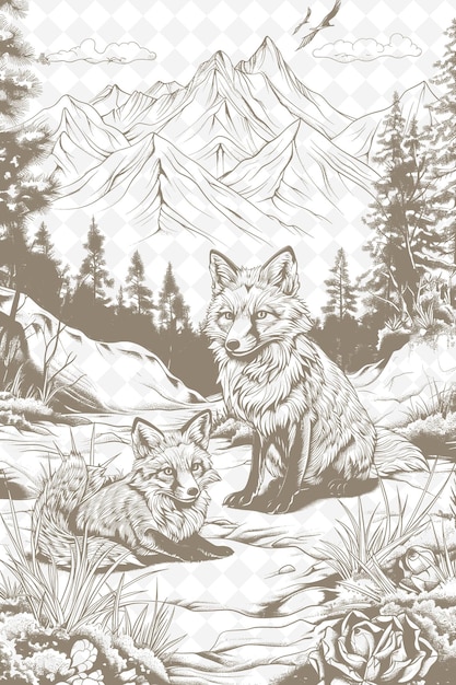 PSD a fox and her cub are sitting in a snowy forest