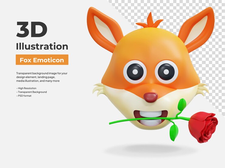 PSD лиса держит цветок розы смайлик 3d иллюстрация