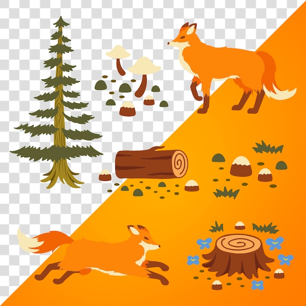 Fox png stickers fairytale forest illustration transparent background set