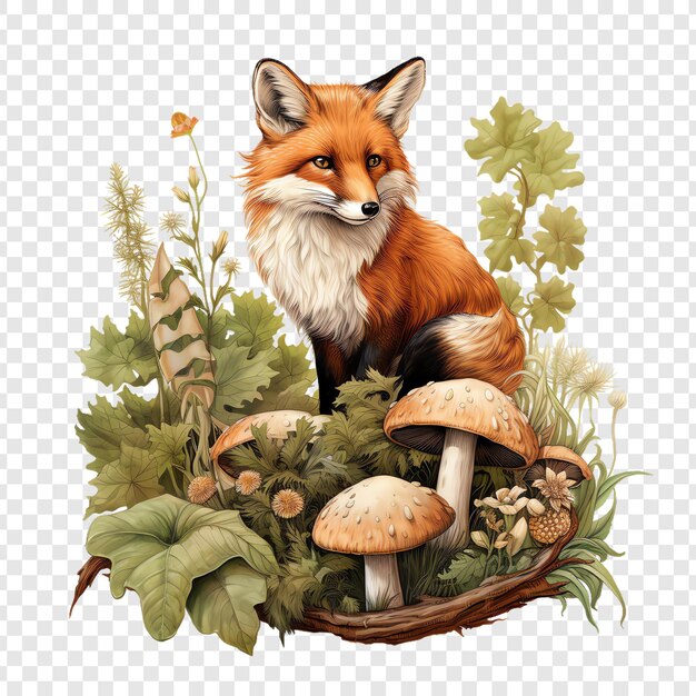 PSD a fox sits in a basket with a mushroom