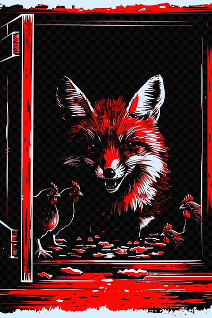 PSD fox sneaking into a chicken coop with a mischievous grin pos psd art design concept poster banner