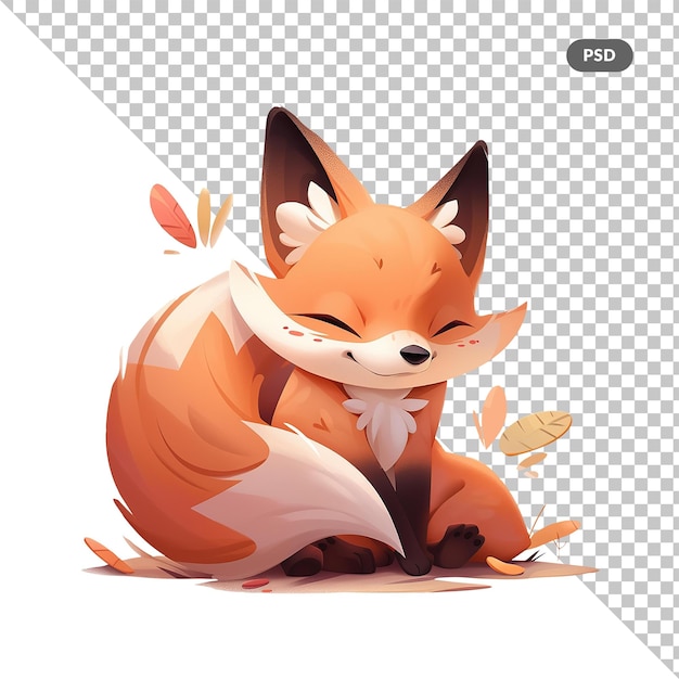 A fox with a flower in his mouth sits on a white background.