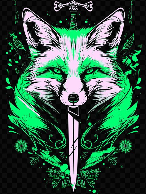 A fox with a knife in his mouth is shown in green and black