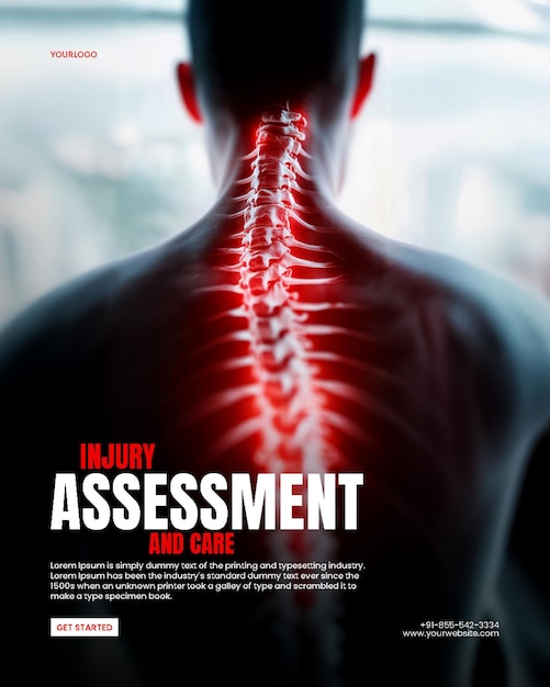 Fractures surgical recovery poster template with visual effects showing neck pain with red highlights for health design concept
