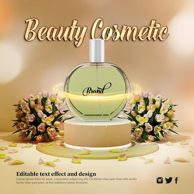 Fragrance product podium mockup decorated with flowers