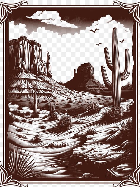 PSD frame of canyon landscape with vultures and cacti native american pot cnc die cut outline tattoo