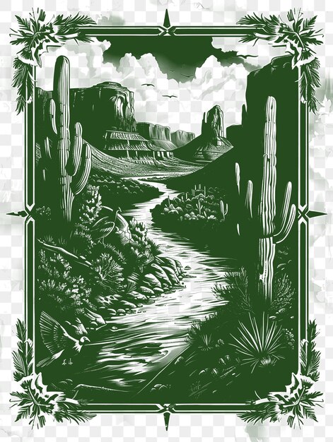 Frame of canyon landscape with vultures and cacti native american pot cnc die cut outline tattoo