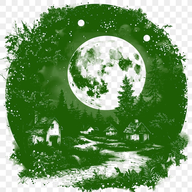 PSD frame of charming village landscape with a full moon and twinkling li cnc die cut outline tattoo