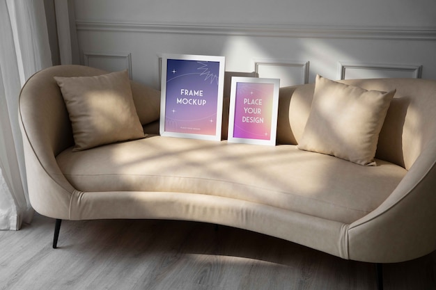 PSD frame on couch indoors mockup