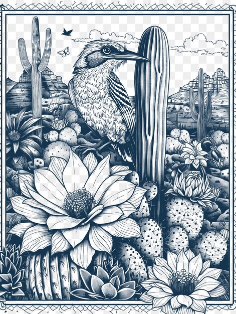 PSD frame of desert cactus landscape with roadrunner and tumbleweeds sout cnc die cut outline tattoo