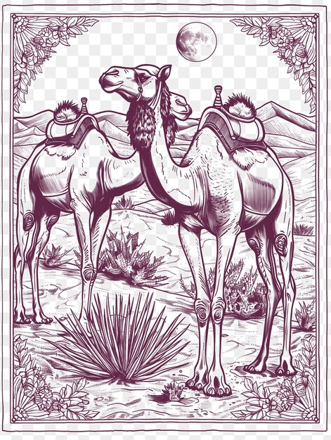 PSD quadro di paesaggio desertico con cammelli e dune di sabbia tradizionale sabbia cnc die cut contorno tatuaggio