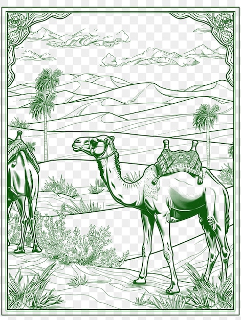 PSD quadro di paesaggio desertico con cammelli e dune di sabbia tradizionale sabbia cnc die cut contorno tatuaggio