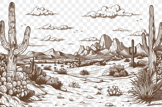 PSD frame of desert landscape with coyotes and saguaro cacti southwestern cnc die cut outline tattoo