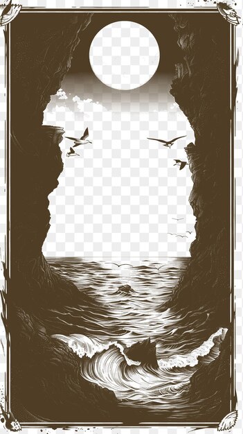 PSD frame of dramatic cliffside landscape with a full moon and crashing w cnc die cut outline tattoo